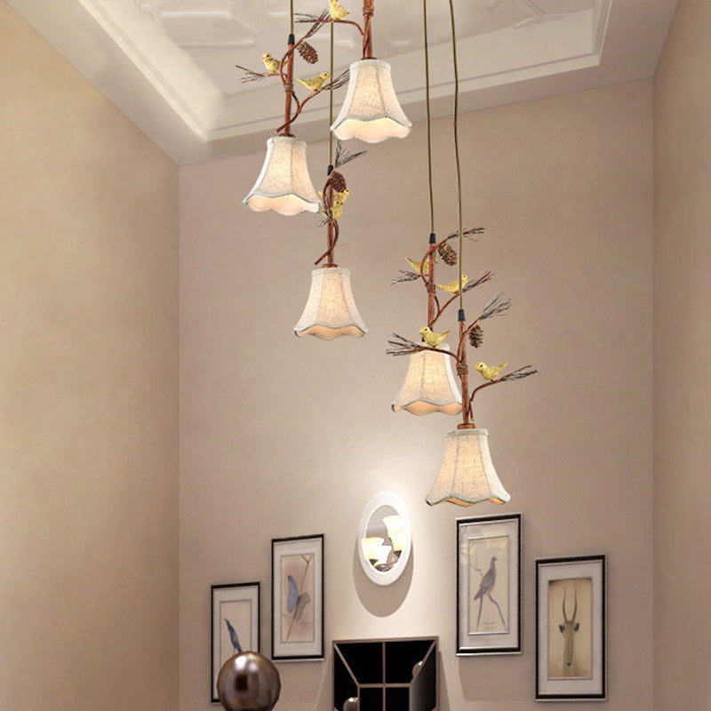 Flaxen 3/5 Heads Cluster Pendant Light Country Fabric Scalloped Suspension Lamp with Bird and Pinecone Deco Clearhalo 'Ceiling Lights' 'Pendant Lights' 'Pendants' Lighting' 785356