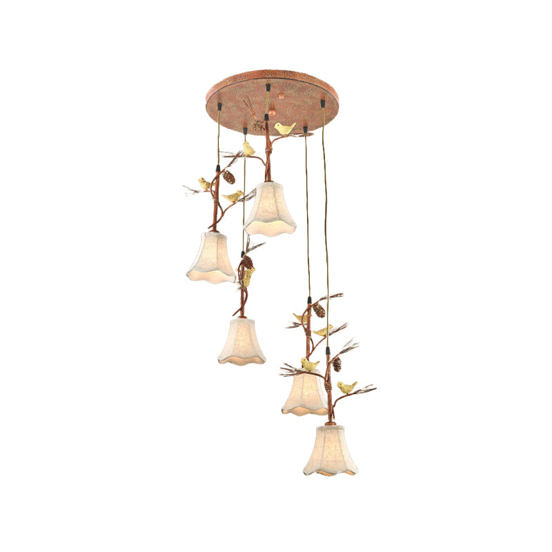 Flaxen 3/5 Heads Cluster Pendant Light Country Fabric Scalloped Suspension Lamp with Bird and Pinecone Deco Clearhalo 'Ceiling Lights' 'Pendant Lights' 'Pendants' Lighting' 785357