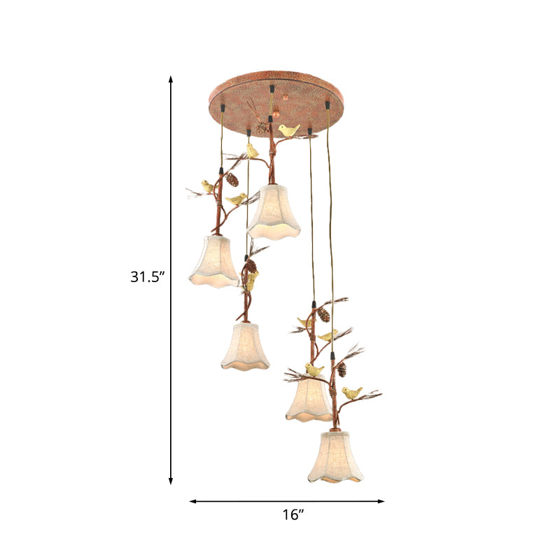 Flaxen 3/5 Heads Cluster Pendant Light Country Fabric Scalloped Suspension Lamp with Bird and Pinecone Deco Clearhalo 'Ceiling Lights' 'Pendant Lights' 'Pendants' Lighting' 785358