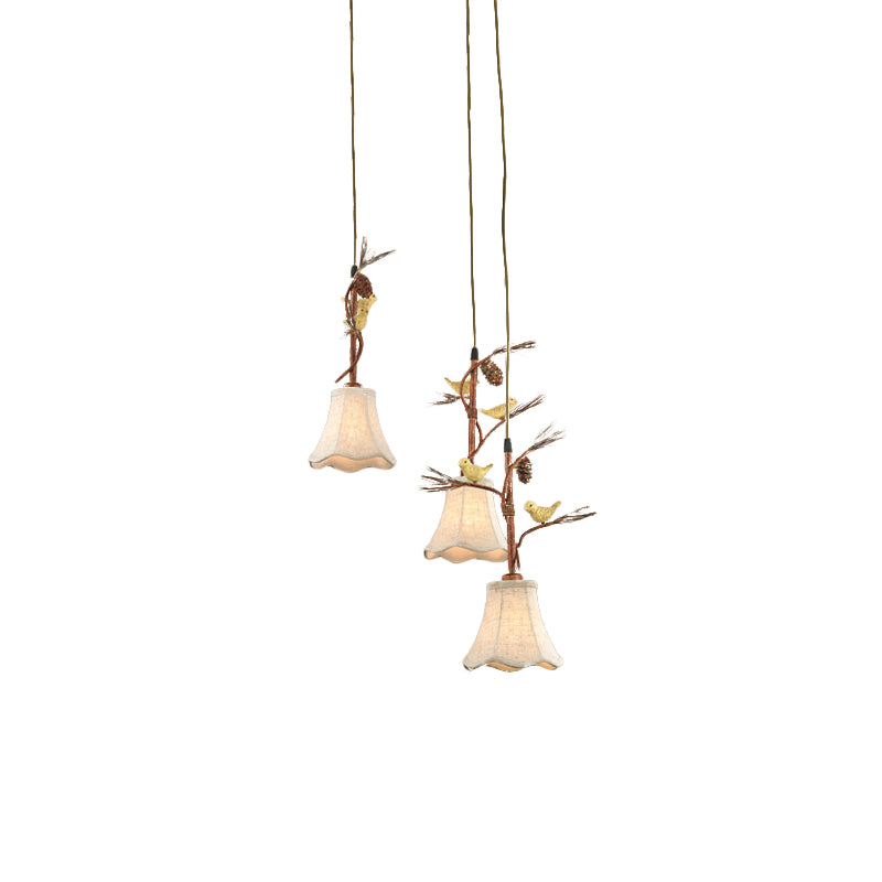 Flaxen 3/5 Heads Cluster Pendant Light Country Fabric Scalloped Suspension Lamp with Bird and Pinecone Deco Clearhalo 'Ceiling Lights' 'Pendant Lights' 'Pendants' Lighting' 785361