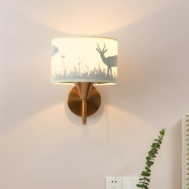 Fabric Drum Wall Mount Lighting Classic 1 Light Bedroom Deer/Leaf Pattern Wall Sconce in Brass with Gooseneck Arm Brass Deer Clearhalo 'Wall Lamps & Sconces' 'Wall Lights' Lighting' 785393