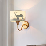 Fabric Drum Wall Mount Lighting Classic 1 Light Bedroom Deer/Leaf Pattern Wall Sconce in Brass with Gooseneck Arm Clearhalo 'Wall Lamps & Sconces' 'Wall Lights' Lighting' 785394