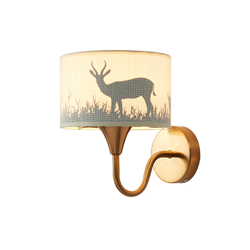 Fabric Drum Wall Mount Lighting Classic 1 Light Bedroom Deer/Leaf Pattern Wall Sconce in Brass with Gooseneck Arm Clearhalo 'Wall Lamps & Sconces' 'Wall Lights' Lighting' 785395