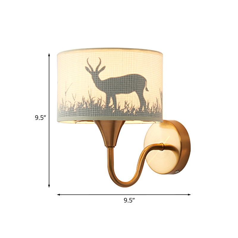 Fabric Drum Wall Mount Lighting Classic 1 Light Bedroom Deer/Leaf Pattern Wall Sconce in Brass with Gooseneck Arm Clearhalo 'Wall Lamps & Sconces' 'Wall Lights' Lighting' 785396