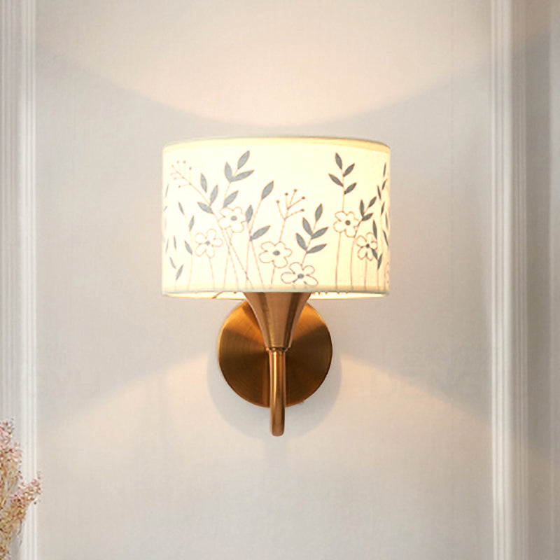 Fabric Drum Wall Mount Lighting Classic 1 Light Bedroom Deer/Leaf Pattern Wall Sconce in Brass with Gooseneck Arm Brass Leaf Clearhalo 'Wall Lamps & Sconces' 'Wall Lights' Lighting' 785397