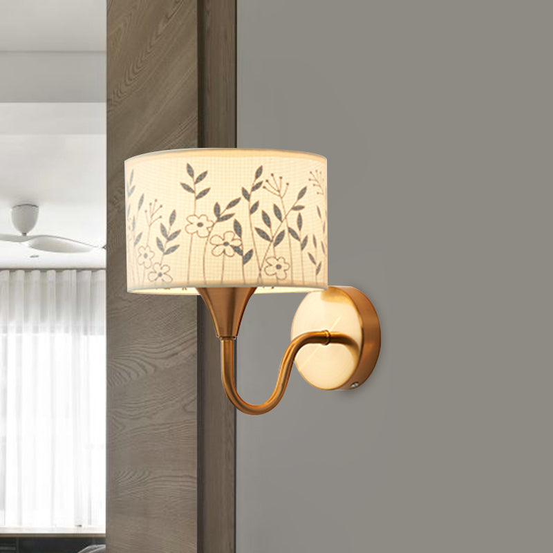 Fabric Drum Wall Mount Lighting Classic 1 Light Bedroom Deer/Leaf Pattern Wall Sconce in Brass with Gooseneck Arm Clearhalo 'Wall Lamps & Sconces' 'Wall Lights' Lighting' 785399