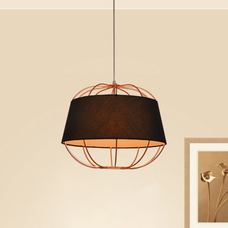 1 Bulb Pendant Light Kit Country Tapered Drum Fabric Hanging Lamp in White/Black with Wire Cage Black Clearhalo 'Ceiling Lights' 'Pendant Lights' 'Pendants' Lighting' 785430_8e5e523a-6951-4314-af19-b227c71547b8