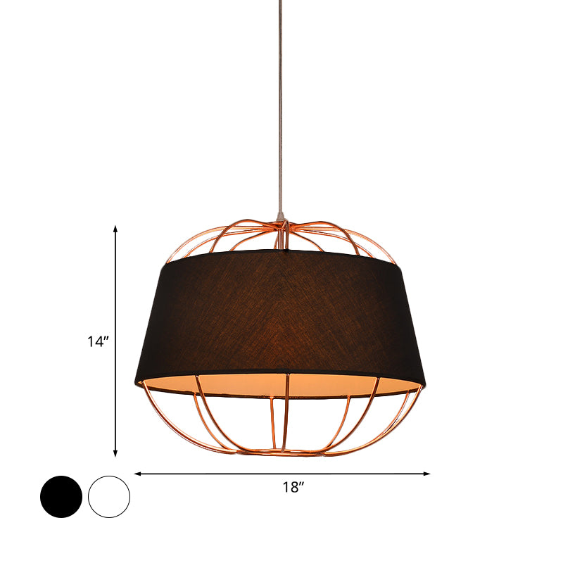 1 Bulb Pendant Light Kit Country Tapered Drum Fabric Hanging Lamp in White/Black with Wire Cage Clearhalo 'Ceiling Lights' 'Pendant Lights' 'Pendants' Lighting' 785433