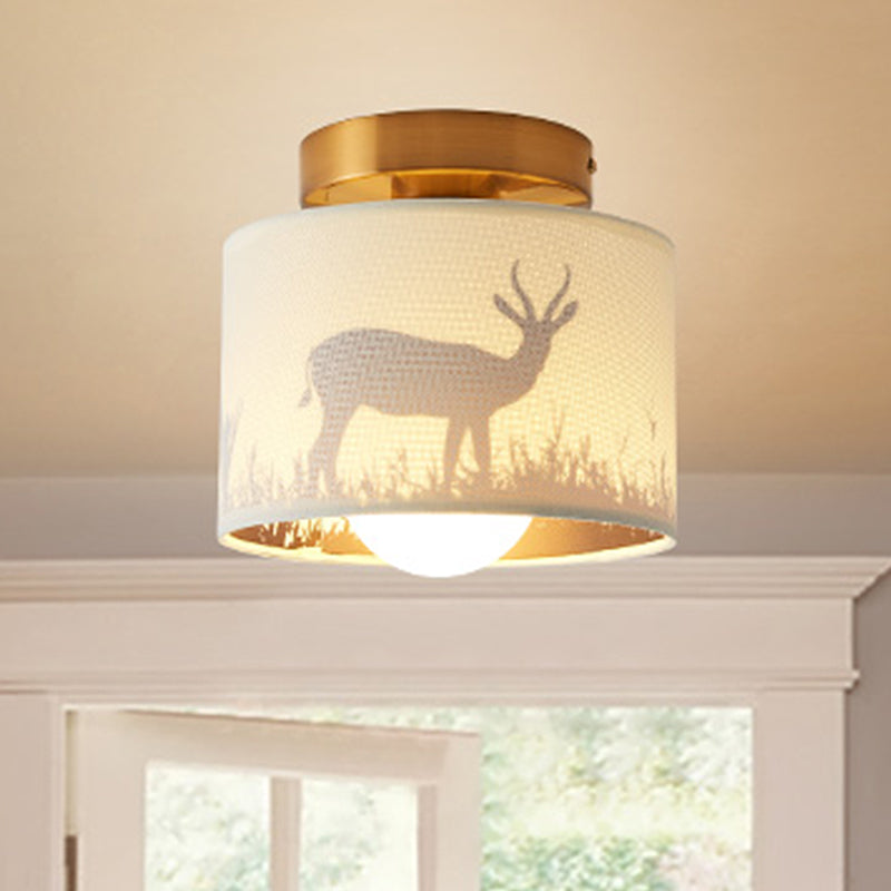 1 Light Drum Shade Semi Flush Mount Light Traditional Brass Finish Fabric Ceiling Lighting with Elk/Leaf Pattern Brass Elk Clearhalo 'Ceiling Lights' 'Close To Ceiling Lights' 'Close to ceiling' 'Semi-flushmount' Lighting' 785442