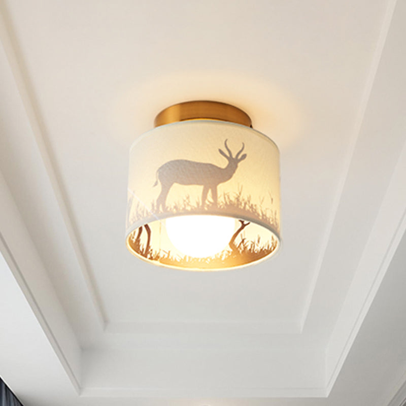 1 Light Drum Shade Semi Flush Mount Light Traditional Brass Finish Fabric Ceiling Lighting with Elk/Leaf Pattern Clearhalo 'Ceiling Lights' 'Close To Ceiling Lights' 'Close to ceiling' 'Semi-flushmount' Lighting' 785443