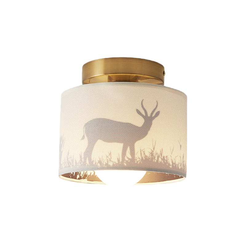 1 Light Drum Shade Semi Flush Mount Light Traditional Brass Finish Fabric Ceiling Lighting with Elk/Leaf Pattern Clearhalo 'Ceiling Lights' 'Close To Ceiling Lights' 'Close to ceiling' 'Semi-flushmount' Lighting' 785444