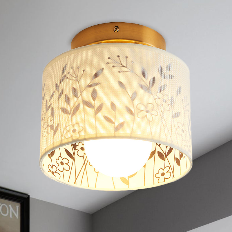 1 Light Drum Shade Semi Flush Mount Light Traditional Brass Finish Fabric Ceiling Lighting with Elk/Leaf Pattern Brass Leaf Clearhalo 'Ceiling Lights' 'Close To Ceiling Lights' 'Close to ceiling' 'Semi-flushmount' Lighting' 785446