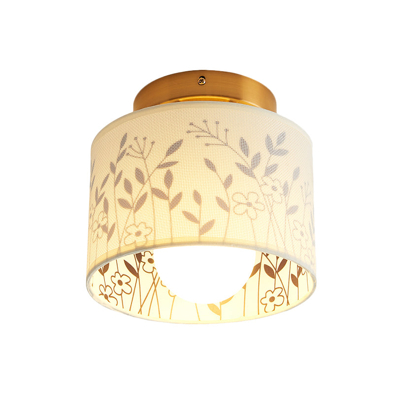 1 Light Drum Shade Semi Flush Mount Light Traditional Brass Finish Fabric Ceiling Lighting with Elk/Leaf Pattern Clearhalo 'Ceiling Lights' 'Close To Ceiling Lights' 'Close to ceiling' 'Semi-flushmount' Lighting' 785449