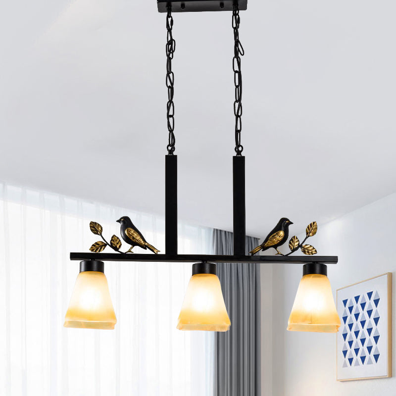 3 Heads Tan Glass Island Light Pendant Traditional Black Finish Bell Dining Room Ceiling Lamp with Bird Deco Black B Clearhalo 'Ceiling Lights' 'Island Lights' Lighting' 785454