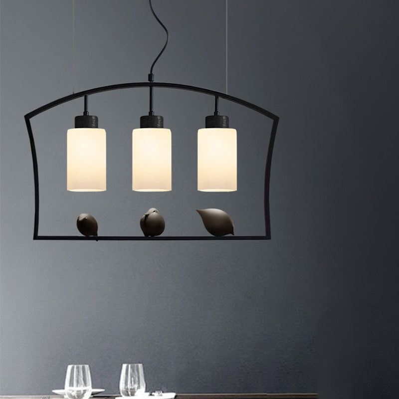 Chinese Style Cylinder Island Light Fixture 3-Bulb White Glass Hanging Ceiling Lamp in Black with Bird Decor Clearhalo 'Ceiling Lights' 'Island Lights' Lighting' 785460