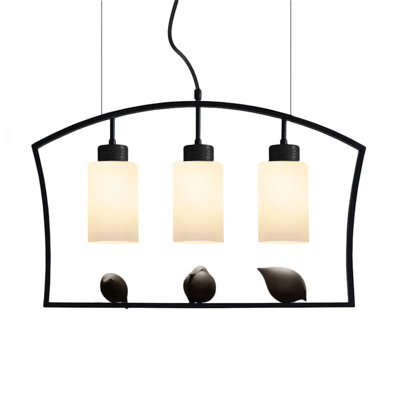 Chinese Style Cylinder Island Light Fixture 3-Bulb White Glass Hanging Ceiling Lamp in Black with Bird Decor Clearhalo 'Ceiling Lights' 'Island Lights' Lighting' 785461