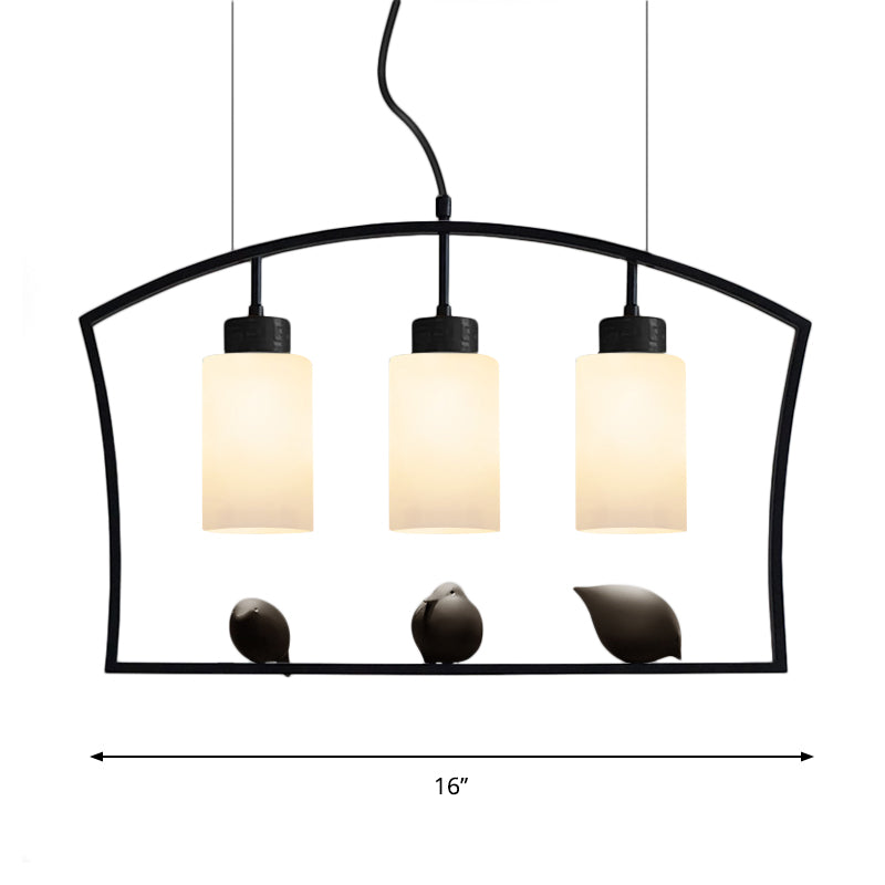 Chinese Style Cylinder Island Light Fixture 3-Bulb White Glass Hanging Ceiling Lamp in Black with Bird Decor Clearhalo 'Ceiling Lights' 'Island Lights' Lighting' 785462