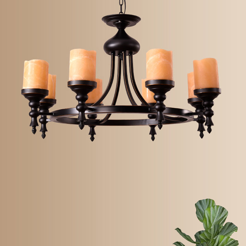 8 Lights Ceiling Chandelier Countryside Candle Crackled Dolomite Hanging Lamp Kit in Black with Loop Design Clearhalo 'Ceiling Lights' 'Chandeliers' Lighting' options 785464