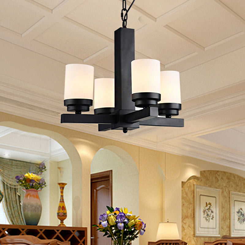 Cylinder Bedroom Pendant Chandelier Farmhouse Yellow Dolomite 4-Head Black Radial Ceiling Hang Fixture Clearhalo 'Ceiling Lights' 'Chandeliers' Lighting' options 785467