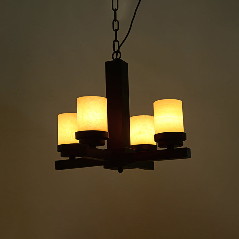 Cylinder Bedroom Pendant Chandelier Farmhouse Yellow Dolomite 4-Head Black Radial Ceiling Hang Fixture Clearhalo 'Ceiling Lights' 'Chandeliers' Lighting' options 785469