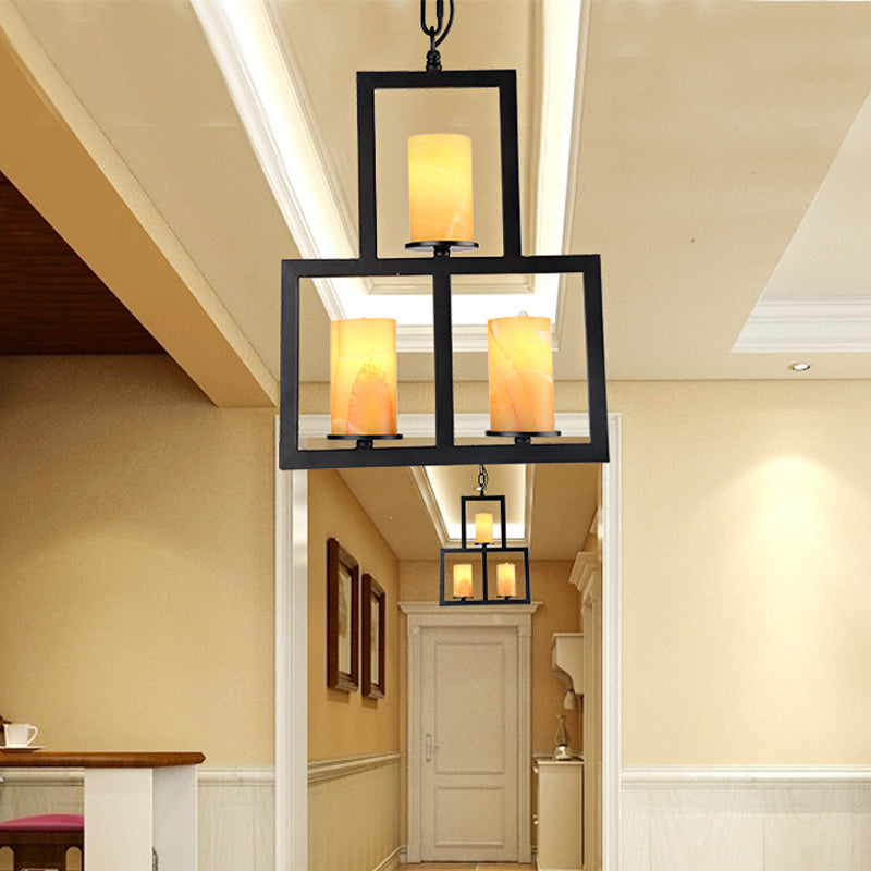 Yellow Dolomite Black Finish Chandelier Lamp Cylinder 3-Light Country Hanging Lighting with 3-Rectangle Frame Clearhalo 'Ceiling Lights' 'Chandeliers' Lighting' options 785471