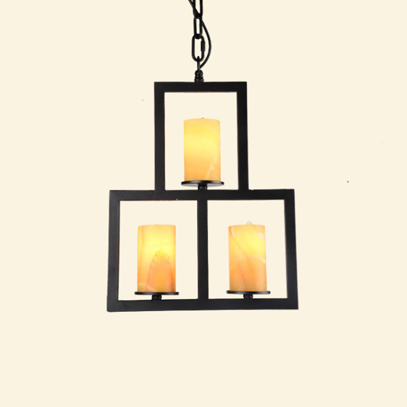 Yellow Dolomite Black Finish Chandelier Lamp Cylinder 3-Light Country Hanging Lighting with 3-Rectangle Frame Clearhalo 'Ceiling Lights' 'Chandeliers' Lighting' options 785473