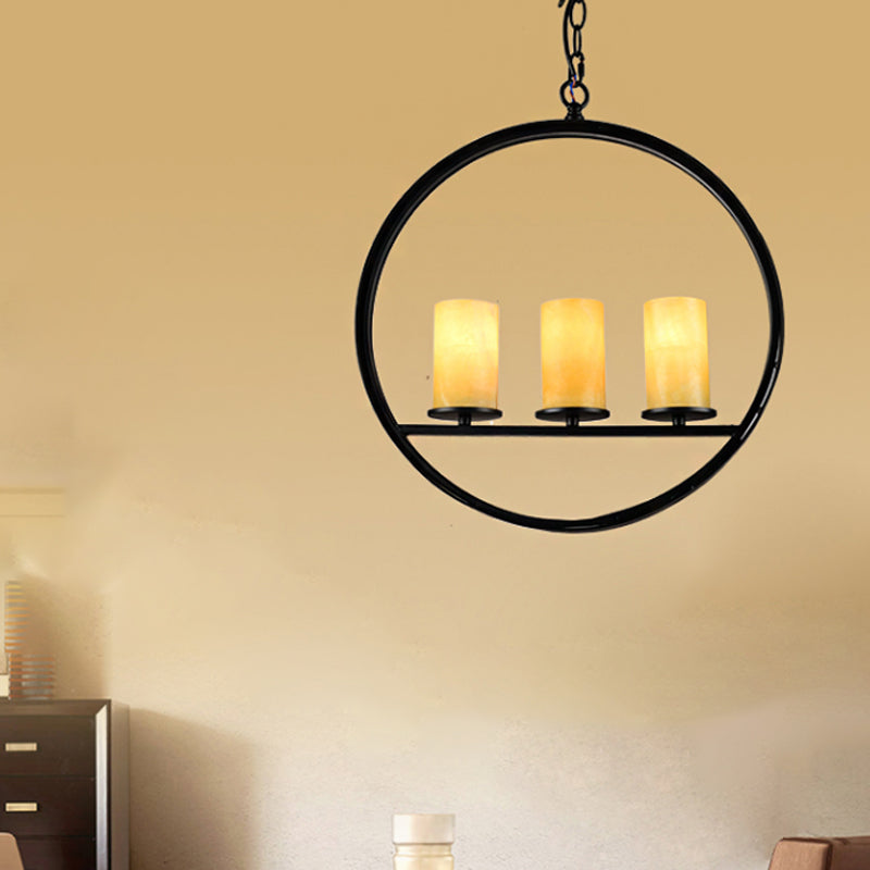 Black 3 Heads Suspension Light Vintage Metal Ring Chandelier Lamp Fixture with Cylinder Yellow Dolomite Shade Clearhalo 'Ceiling Lights' 'Chandeliers' Lighting' options 785475