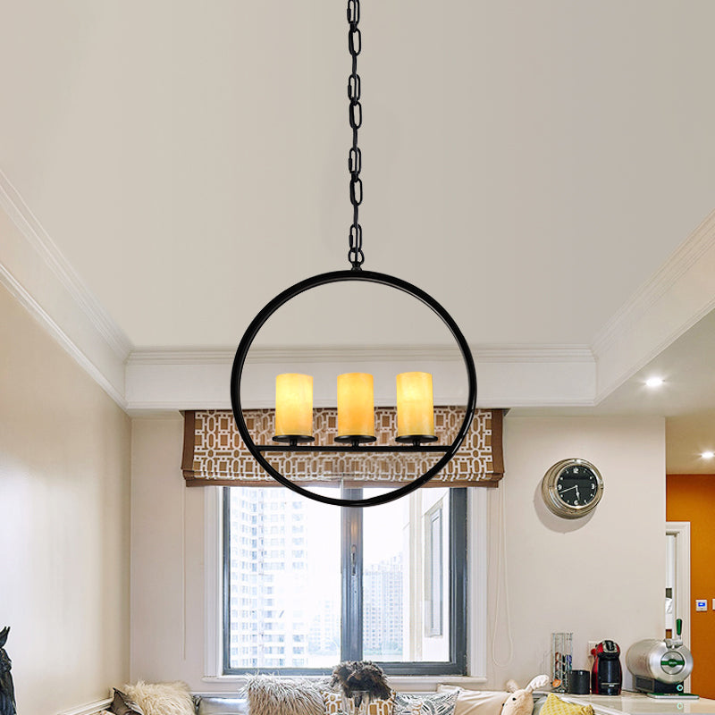 Black 3 Heads Suspension Light Vintage Metal Ring Chandelier Lamp Fixture with Cylinder Yellow Dolomite Shade Clearhalo 'Ceiling Lights' 'Chandeliers' Lighting' options 785476