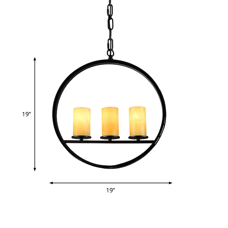 Black 3 Heads Suspension Light Vintage Metal Ring Chandelier Lamp Fixture with Cylinder Yellow Dolomite Shade Clearhalo 'Ceiling Lights' 'Chandeliers' Lighting' options 785478