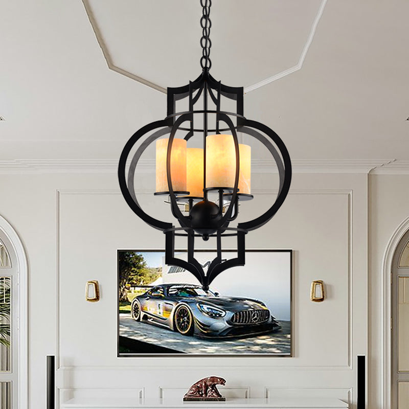 4 Lights Lantern Frame Pendant Lamp Countryside Black Finish Metallic Chandelier Lighting Clearhalo 'Ceiling Lights' 'Chandeliers' Lighting' options 785480