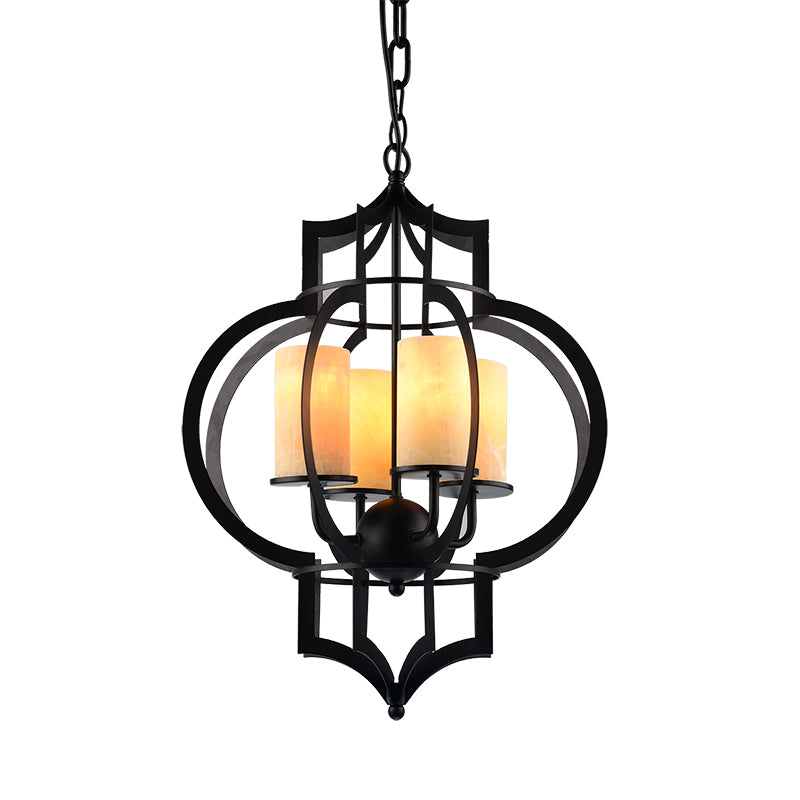 4 Lights Lantern Frame Pendant Lamp Countryside Black Finish Metallic Chandelier Lighting Clearhalo 'Ceiling Lights' 'Chandeliers' Lighting' options 785481