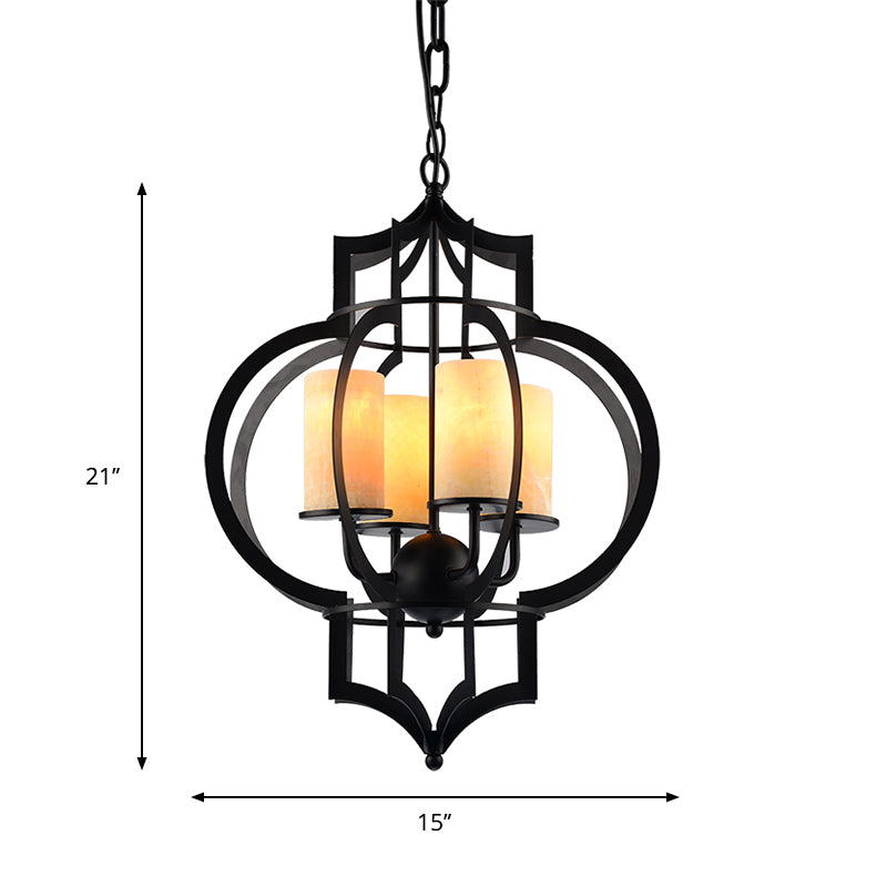 4 Lights Lantern Frame Pendant Lamp Countryside Black Finish Metallic Chandelier Lighting Clearhalo 'Ceiling Lights' 'Chandeliers' Lighting' options 785482