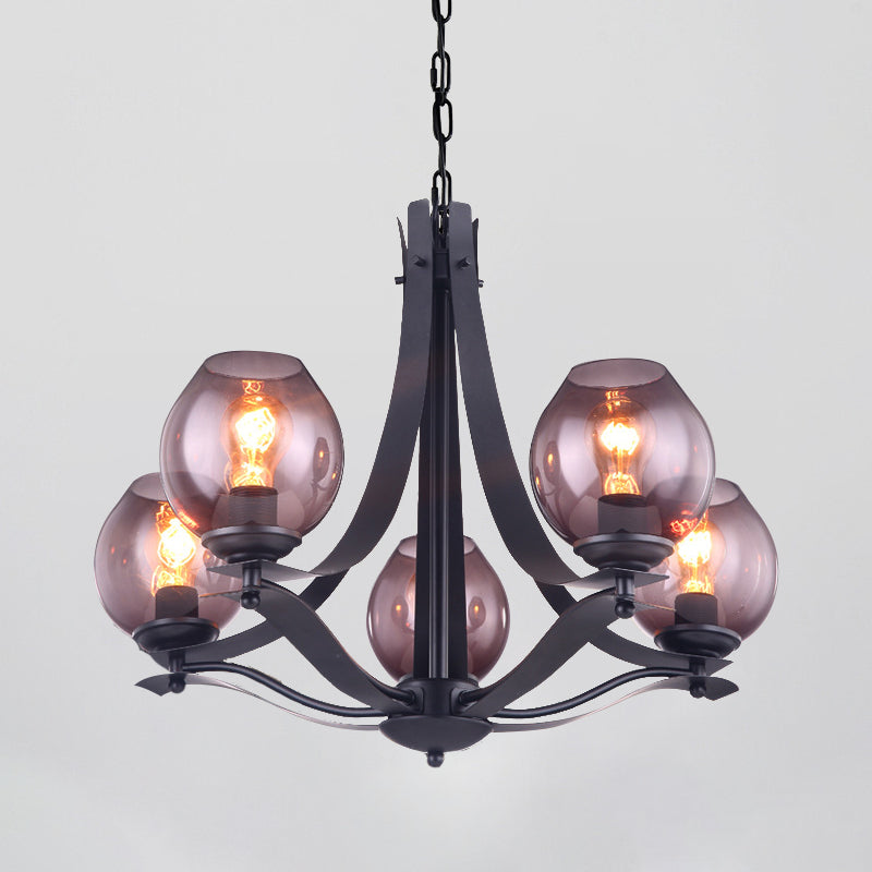 Traditional Cup Shaped Hanging Lighting 5 Heads Grey Glass Chandelier Pendant Lamp in Black Clearhalo 'Ceiling Lights' 'Chandeliers' Lighting' options 785485