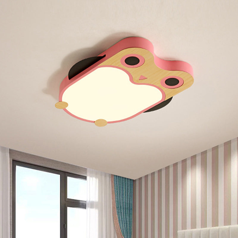 Owl Thin Iron Ceiling Light Cartoon White/Pink/Blue and Wood LED Flush Mount Lamp for Child Room Pink Clearhalo 'Ceiling Lights' 'Close To Ceiling Lights' 'Close to ceiling' 'Flush mount' Lighting' 785513