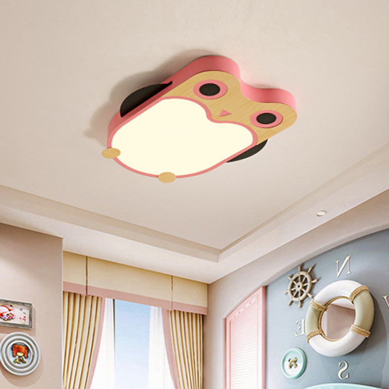 Owl Thin Iron Ceiling Light Cartoon White/Pink/Blue and Wood LED Flush Mount Lamp for Child Room Clearhalo 'Ceiling Lights' 'Close To Ceiling Lights' 'Close to ceiling' 'Flush mount' Lighting' 785514