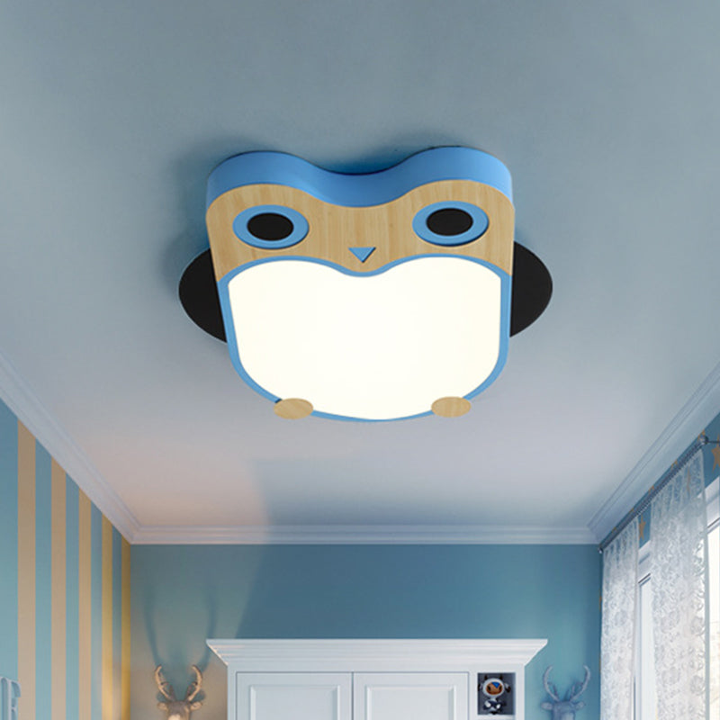 Owl Thin Iron Ceiling Light Cartoon White/Pink/Blue and Wood LED Flush Mount Lamp for Child Room Blue Clearhalo 'Ceiling Lights' 'Close To Ceiling Lights' 'Close to ceiling' 'Flush mount' Lighting' 785521