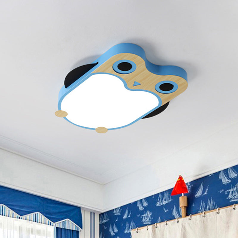 Owl Thin Iron Ceiling Light Cartoon White/Pink/Blue and Wood LED Flush Mount Lamp for Child Room Clearhalo 'Ceiling Lights' 'Close To Ceiling Lights' 'Close to ceiling' 'Flush mount' Lighting' 785522