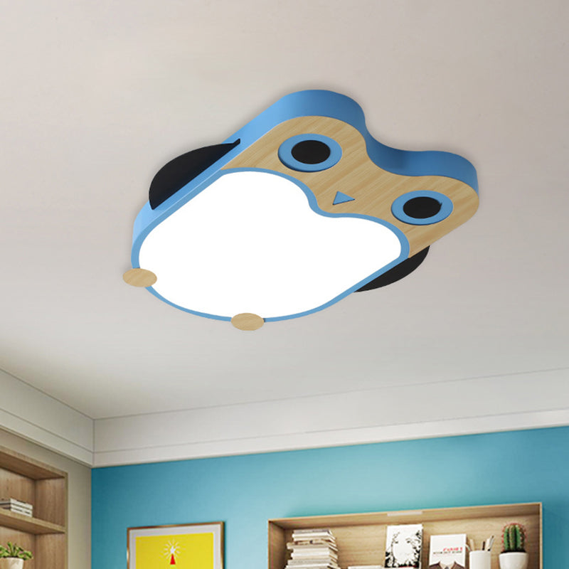 Owl Thin Iron Ceiling Light Cartoon White/Pink/Blue and Wood LED Flush Mount Lamp for Child Room Clearhalo 'Ceiling Lights' 'Close To Ceiling Lights' 'Close to ceiling' 'Flush mount' Lighting' 785523