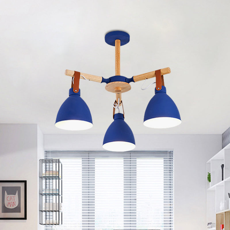 Macaron Bursting Wood Chandelier 3/6/8 Heads Ceiling Hanging Light in White/Blue with Bowl Shade and Leather Strap Clearhalo 'Ceiling Lights' 'Chandeliers' Lighting' options 785585