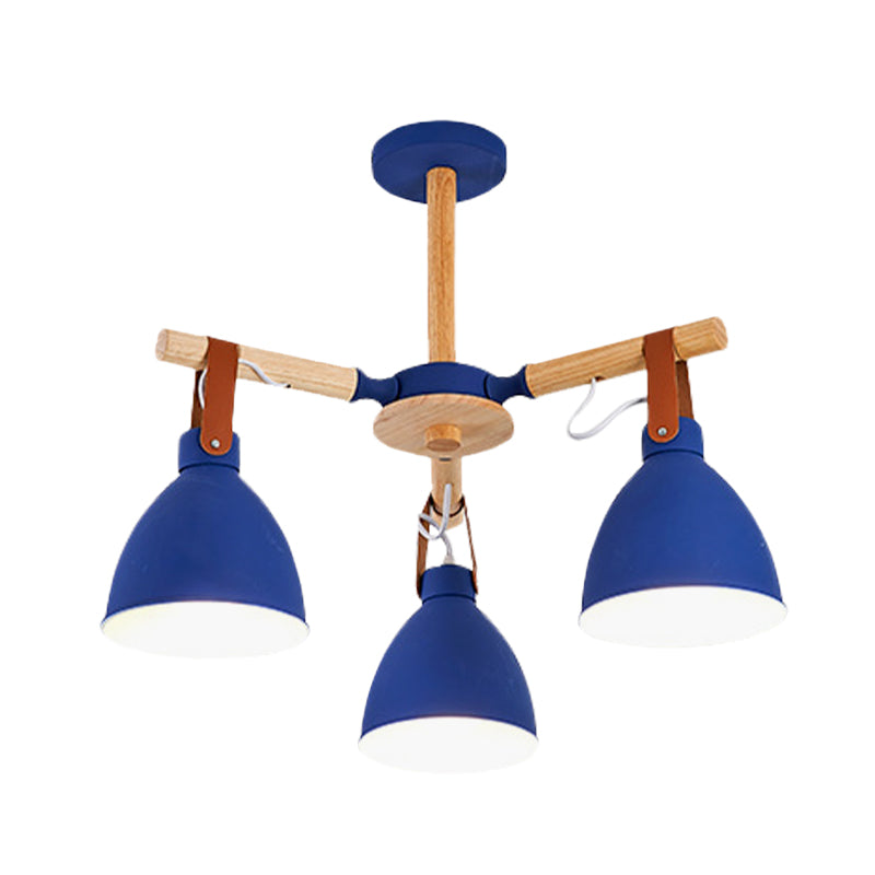 Macaron Bursting Wood Chandelier 3/6/8 Heads Ceiling Hanging Light in White/Blue with Bowl Shade and Leather Strap Clearhalo 'Ceiling Lights' 'Chandeliers' Lighting' options 785586