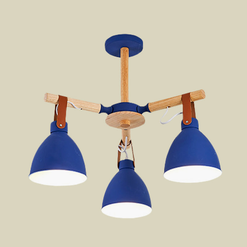 Macaron Bursting Wood Chandelier 3/6/8 Heads Ceiling Hanging Light in White/Blue with Bowl Shade and Leather Strap Clearhalo 'Ceiling Lights' 'Chandeliers' Lighting' options 785587