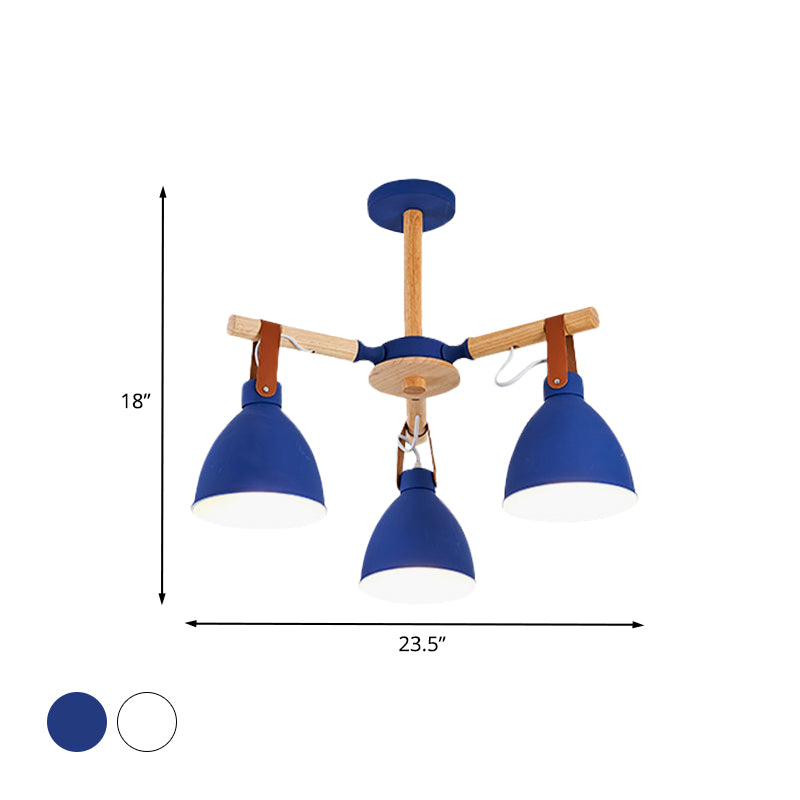 Macaron Bursting Wood Chandelier 3/6/8 Heads Ceiling Hanging Light in White/Blue with Bowl Shade and Leather Strap Clearhalo 'Ceiling Lights' 'Chandeliers' Lighting' options 785588