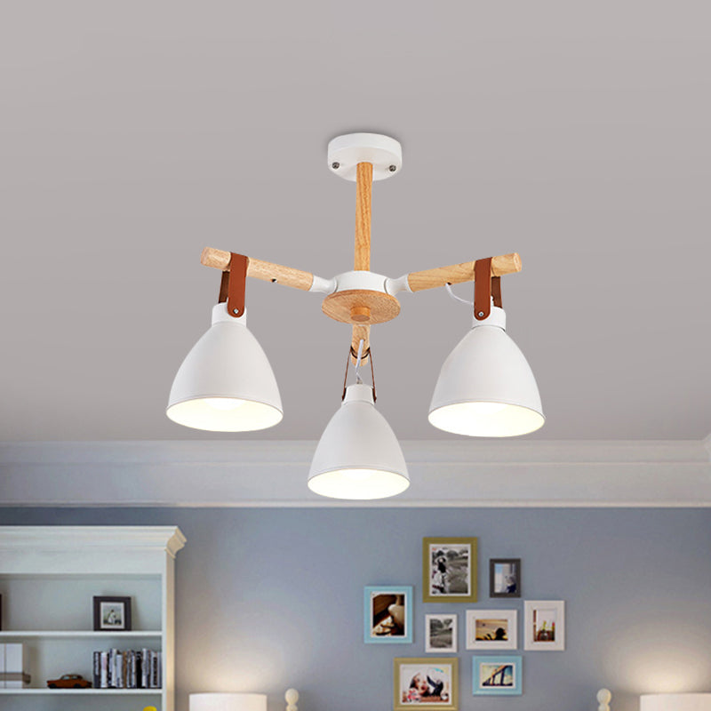 Macaron Bursting Wood Chandelier 3/6/8 Heads Ceiling Hanging Light in White/Blue with Bowl Shade and Leather Strap Clearhalo 'Ceiling Lights' 'Chandeliers' Lighting' options 785590