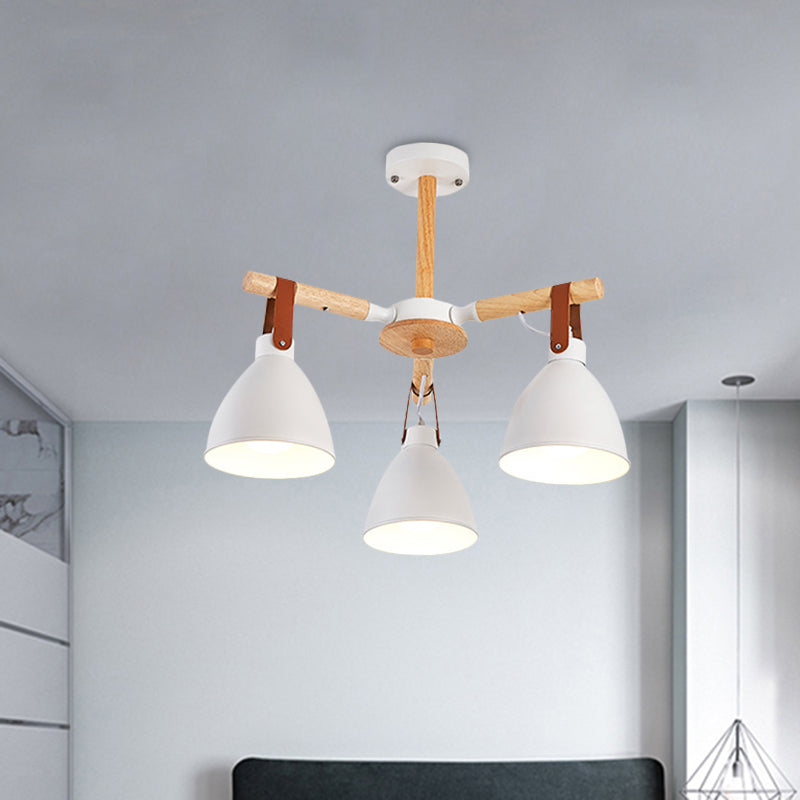 Macaron Bursting Wood Chandelier 3/6/8 Heads Ceiling Hanging Light in White/Blue with Bowl Shade and Leather Strap Clearhalo 'Ceiling Lights' 'Chandeliers' Lighting' options 785591