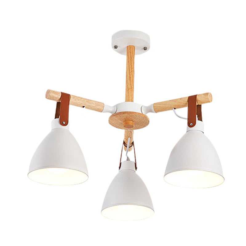 Macaron Bursting Wood Chandelier 3/6/8 Heads Ceiling Hanging Light in White/Blue with Bowl Shade and Leather Strap Clearhalo 'Ceiling Lights' 'Chandeliers' Lighting' options 785592