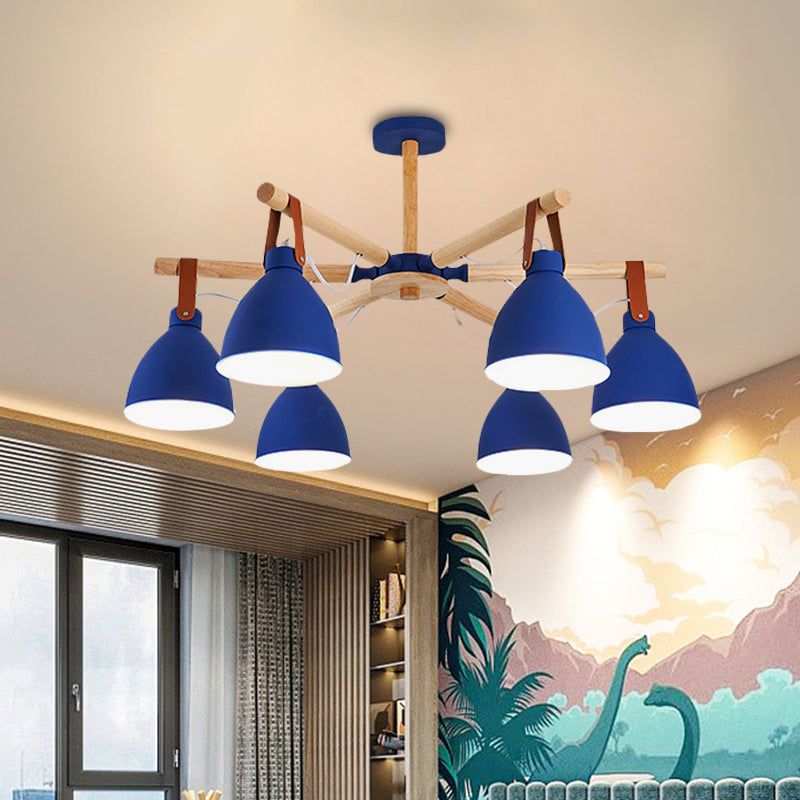 Macaron Bursting Wood Chandelier 3/6/8 Heads Ceiling Hanging Light in White/Blue with Bowl Shade and Leather Strap Clearhalo 'Ceiling Lights' 'Chandeliers' Lighting' options 785593