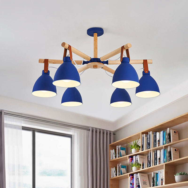 Macaron Bursting Wood Chandelier 3/6/8 Heads Ceiling Hanging Light in White/Blue with Bowl Shade and Leather Strap Clearhalo 'Ceiling Lights' 'Chandeliers' Lighting' options 785594