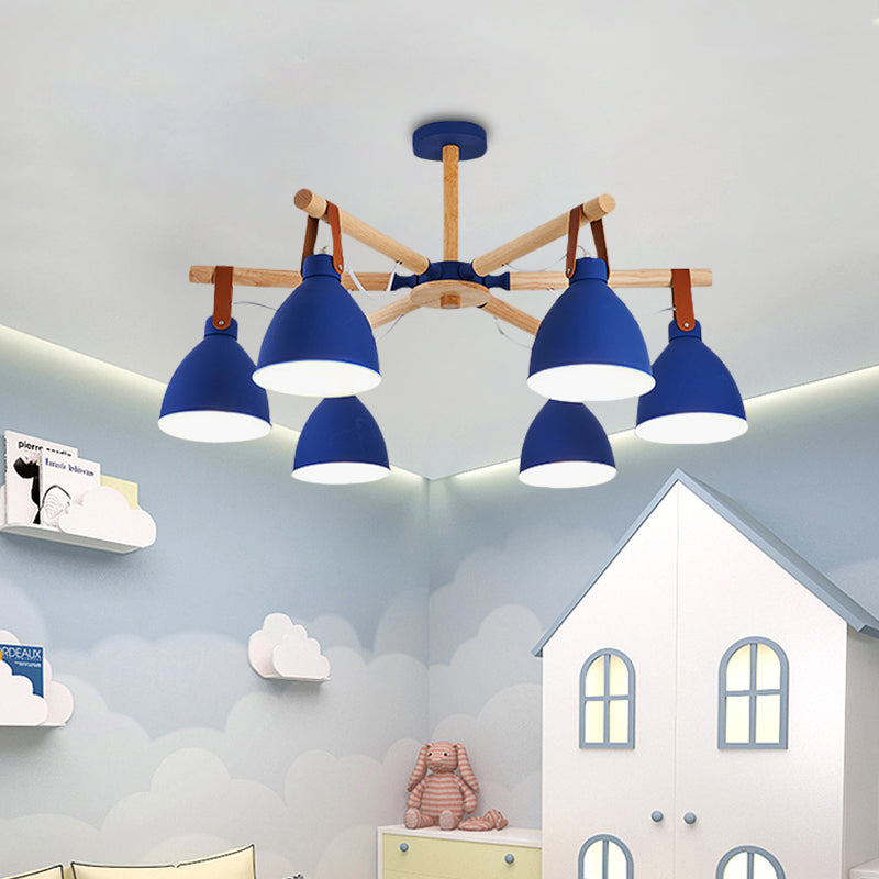 Macaron Bursting Wood Chandelier 3/6/8 Heads Ceiling Hanging Light in White/Blue with Bowl Shade and Leather Strap Clearhalo 'Ceiling Lights' 'Chandeliers' Lighting' options 785595