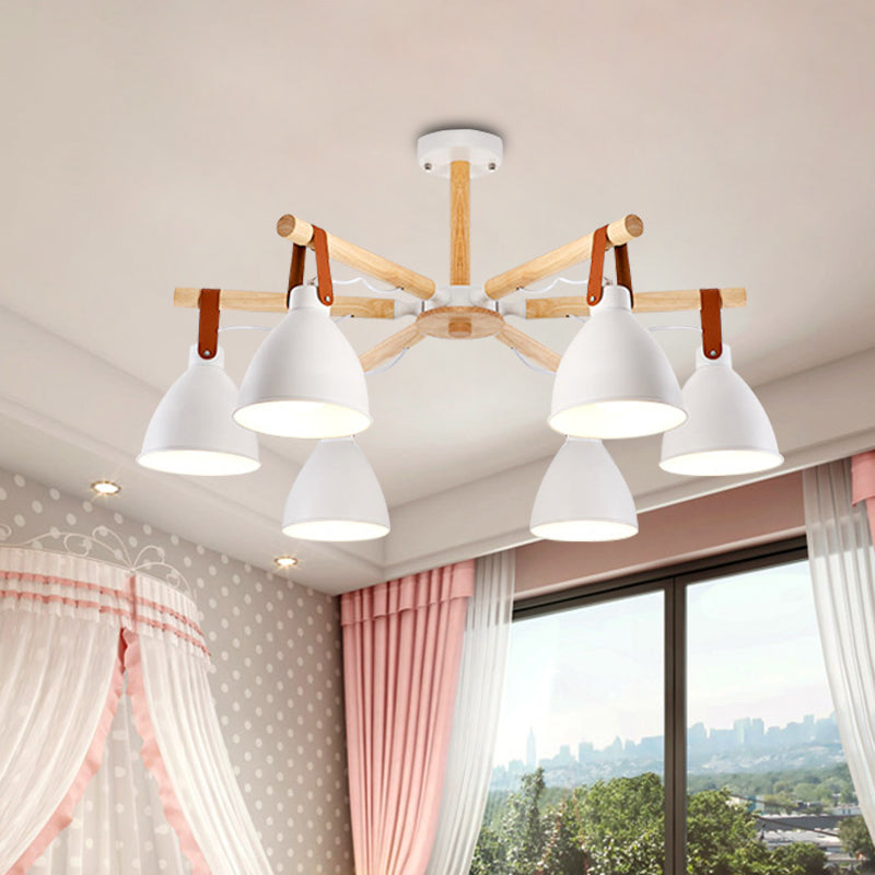 Macaron Bursting Wood Chandelier 3/6/8 Heads Ceiling Hanging Light in White/Blue with Bowl Shade and Leather Strap 6 White Clearhalo 'Ceiling Lights' 'Chandeliers' Lighting' options 785598_614b198a-0252-42e6-9c38-da89edb67a71