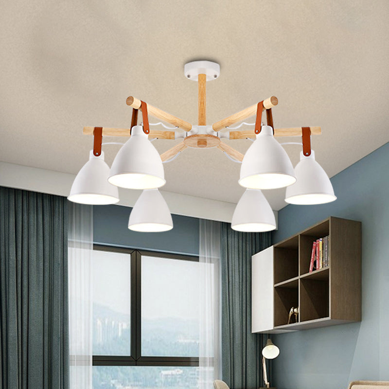 Macaron Bursting Wood Chandelier 3/6/8 Heads Ceiling Hanging Light in White/Blue with Bowl Shade and Leather Strap Clearhalo 'Ceiling Lights' 'Chandeliers' Lighting' options 785600